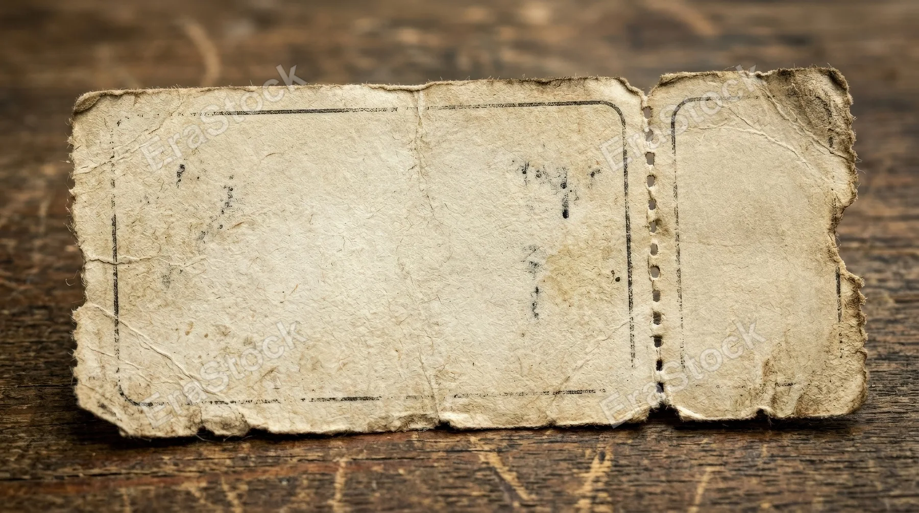 Blank beige vintage ticket made from textured old paper, worn edges and open central space creating nostalgic event-stub charm, ultra-realistic, no logos.
