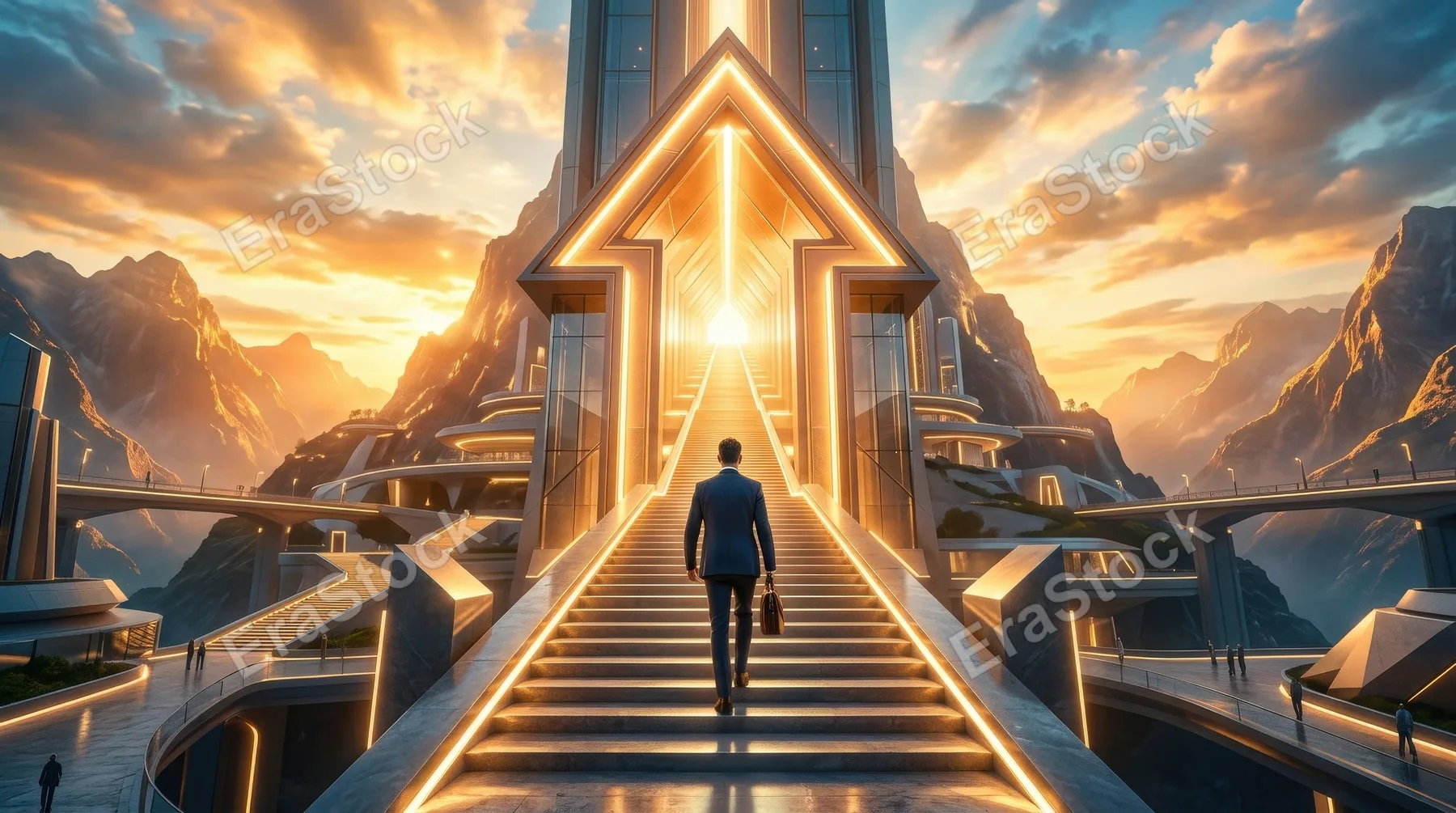 A man walking toward a large arrow-shaped doorway with stairs rising upward, surreal architectural scene, symbolizing career growth, strategic path and new opportunity, bright aspirational glow,