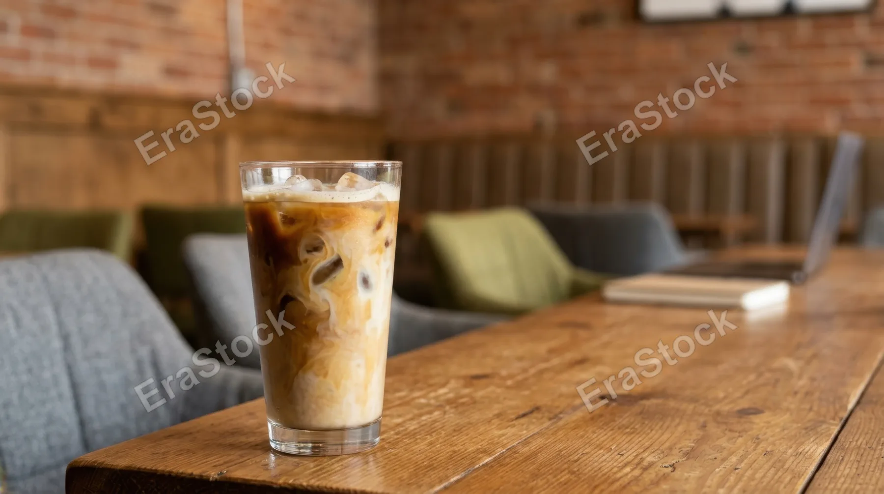 a graphic composition featuring one of the iced lattes prominently against a backdrop of soft, textured seating and warm wood surfaces in the coworking space. controlled