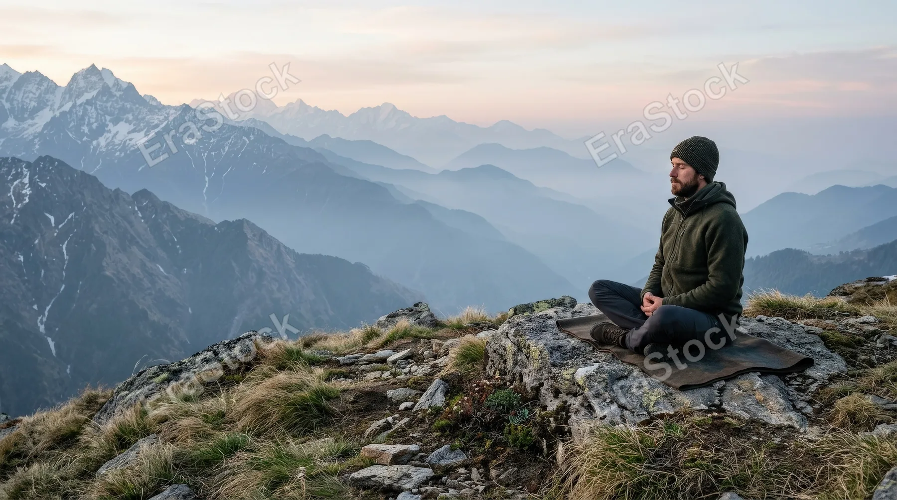 A solitary figure meditating high in the mountains, layered peaks fading into haze, wind-brushed grass and scattered stones, cool alpine air, soft dawn light, contemplative and deeply calming