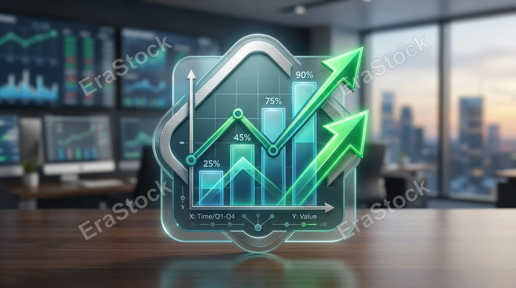 A line and bar chart icon with directional arrows for business analytics, statistics, and data analysis, crisp financial visualization style, ultra-realistic, no logos.