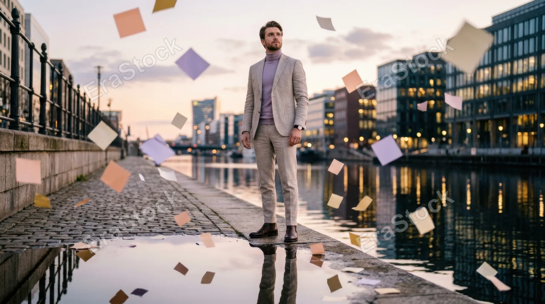 a low-angle view focusing on the eastern european male fashion influencer standing elegantly among gently drifting oversized sticky notes, with a shimmering urban