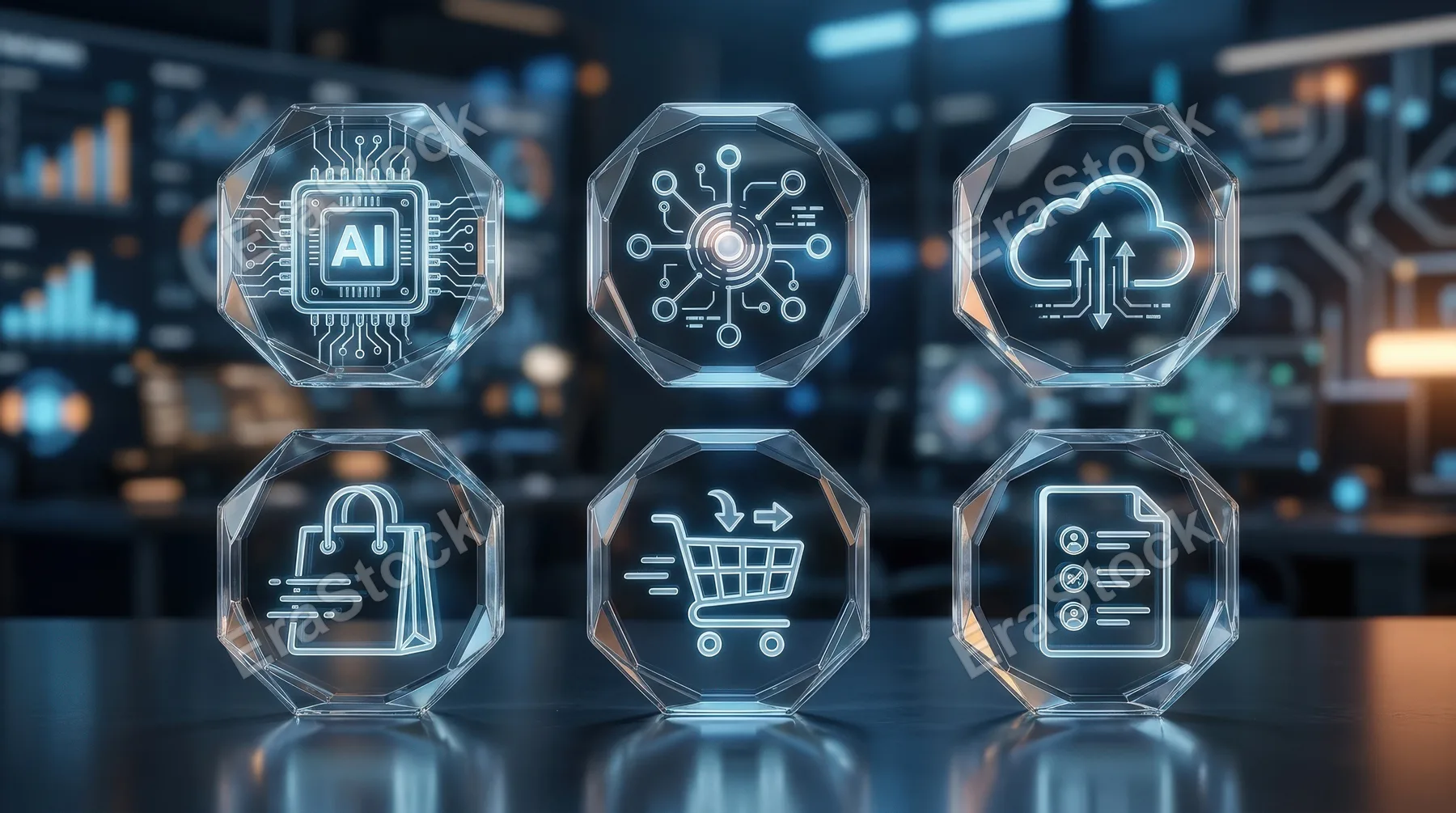 A transparent glass icon set with AI chip, network, cloud, shopping bag, cart, and document list symbols, sleek smart-commerce atmosphere, ultra-realistic, no logos.