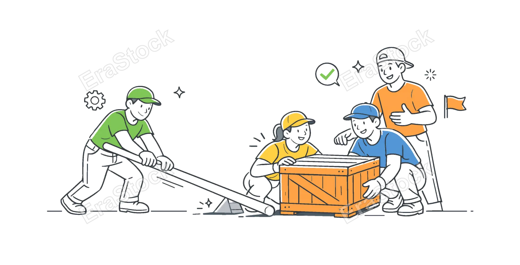 Manual labor teamwork concept illustrating individuals coordinating physical tasks and supporting each other to complete a shared objective efficiently, using a tool and