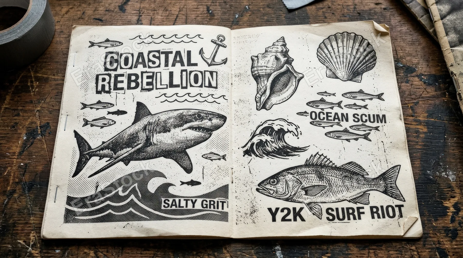 Ocean-themed photocopy elements with fish and seashells, gritty punk grain and stipple texture, bold y2k coastal attitude with worn monochrome detail, ultra-realistic, no logos.