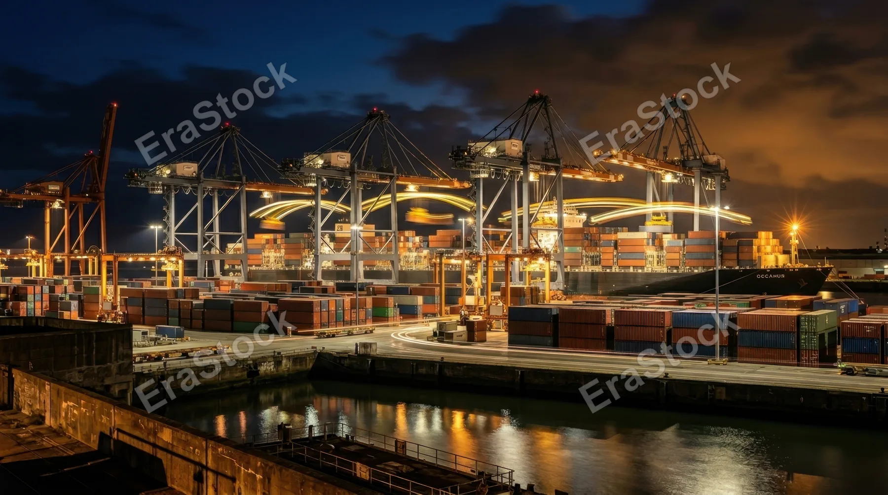 An automated container port at 2am photographed from a harbour wall, rows of ship-to-shore cranes standing at attention like steel dinosaurs above a massive container