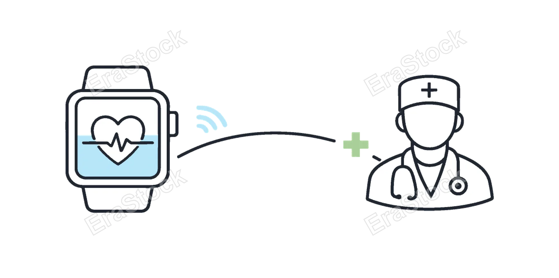 Continuous remote monitoring and preventive care in a connected health ecosystem supporting wellbeing, a smartwatch displaying a subtle heartbeat wave linked to a minimal doctor