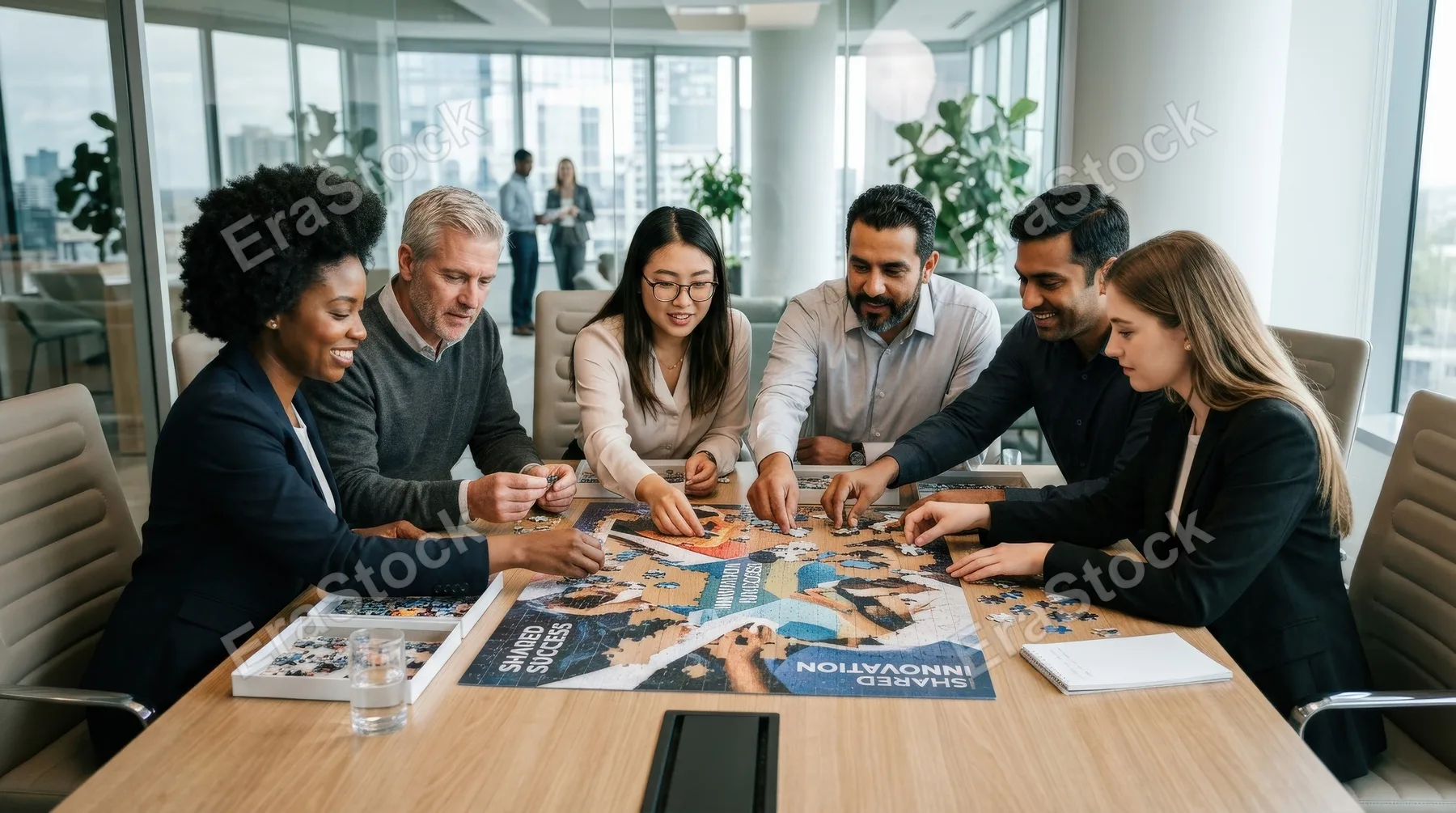 A diverse business team assembling puzzle pieces together, collaboration and teamwork concept, clean corporate atmosphere, ultra-realistic, no logos.