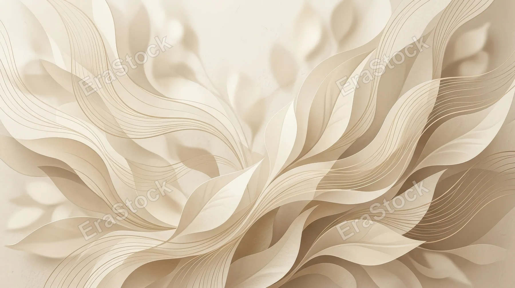 Elegant abstract beige background with layered leaf shapes, flowing texture lines and soft tonal shading, calm organic sophistication, ultra-realistic, no logos.