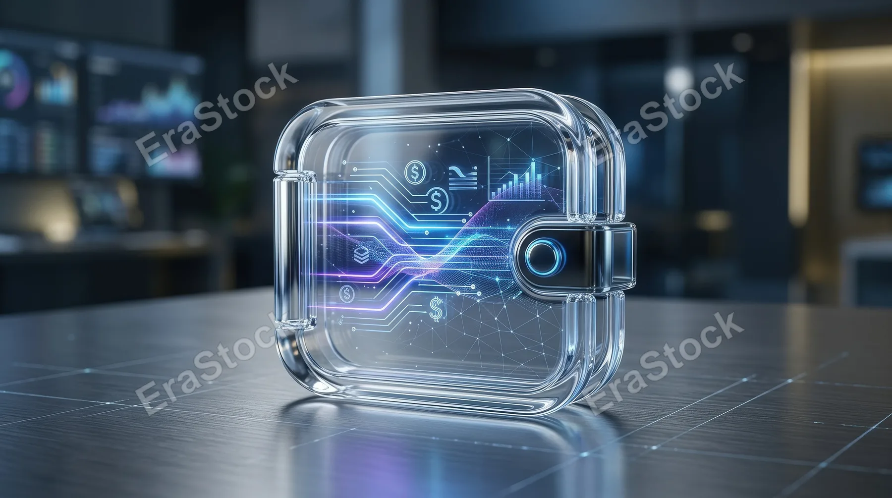 A glass wallet icon with smooth rounded shape, polished transparency and a modern digital-finance atmosphere, ultra-realistic, no logos.