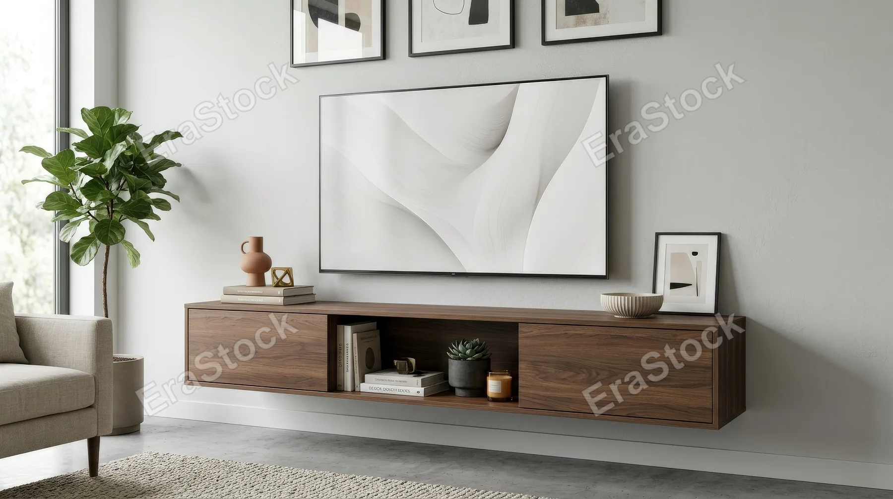 A wall-mounted TV cabinet with decorative accessories, modern composition, refined materials and bright studio clarity, ultra-realistic, no logos.
