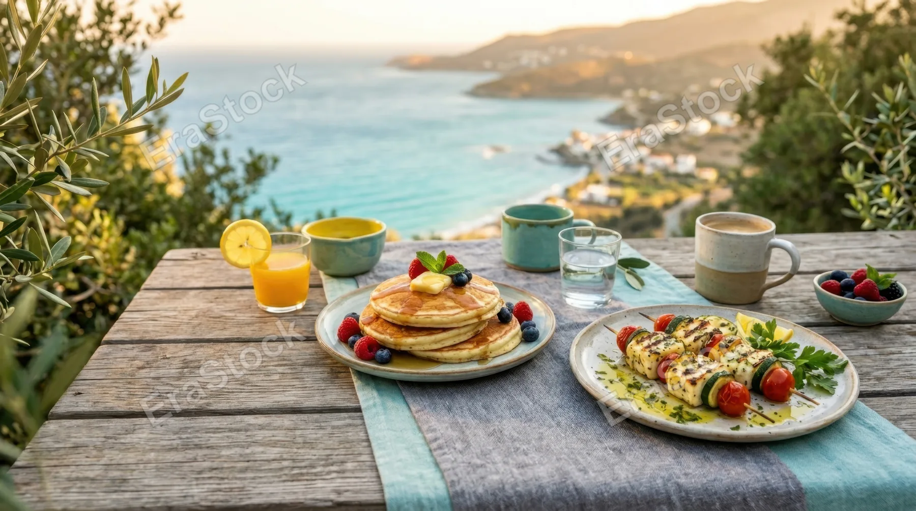 boldly showcasing the vibrant breakfast table, the scene emphasizes fluffy pancakes and grilled halloumi skewers with generous space on either side for copy. the coastal