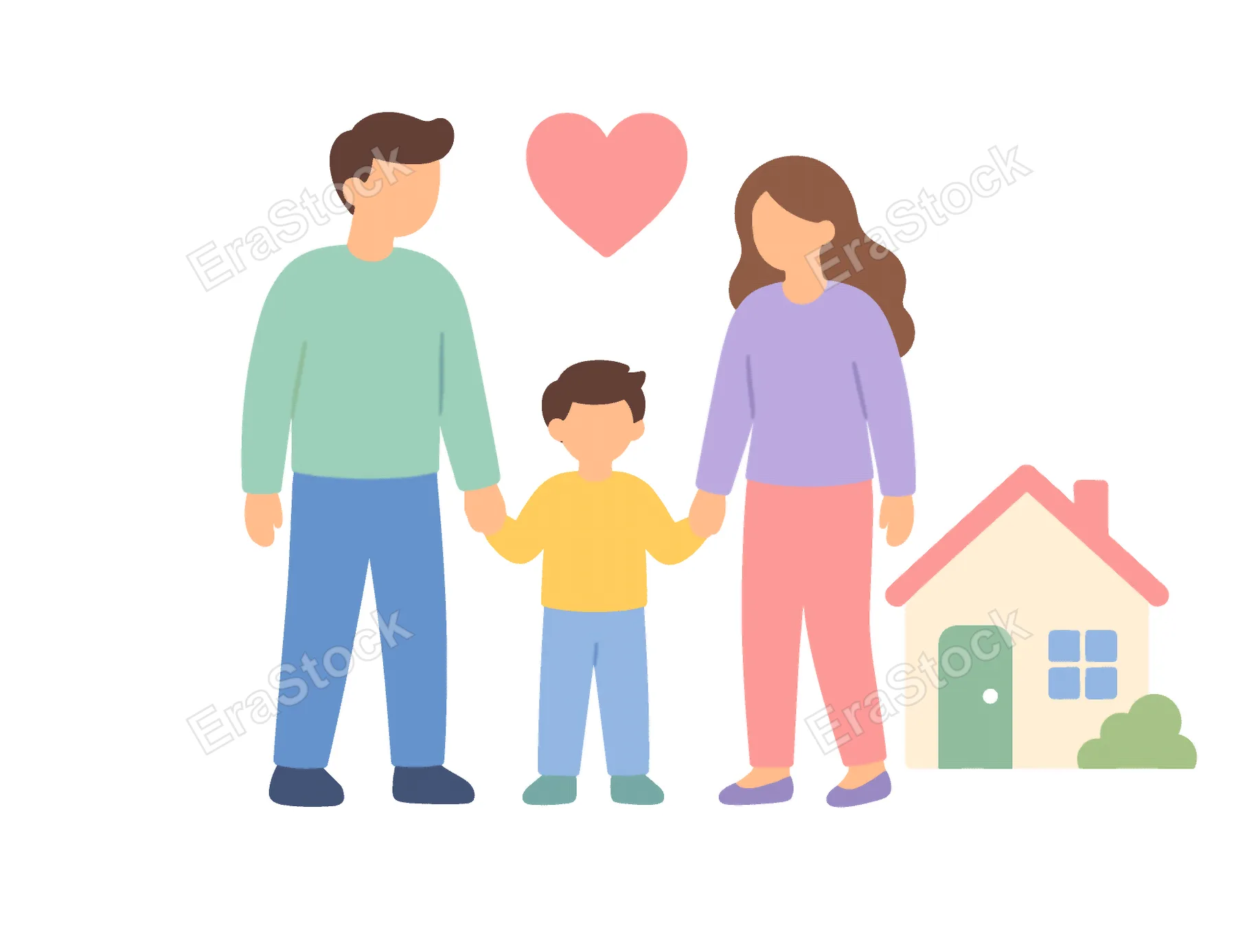 A stylized illustration depicts a father, mother, and child holding hands, with a heart and house symbolizing a happy family unit and home