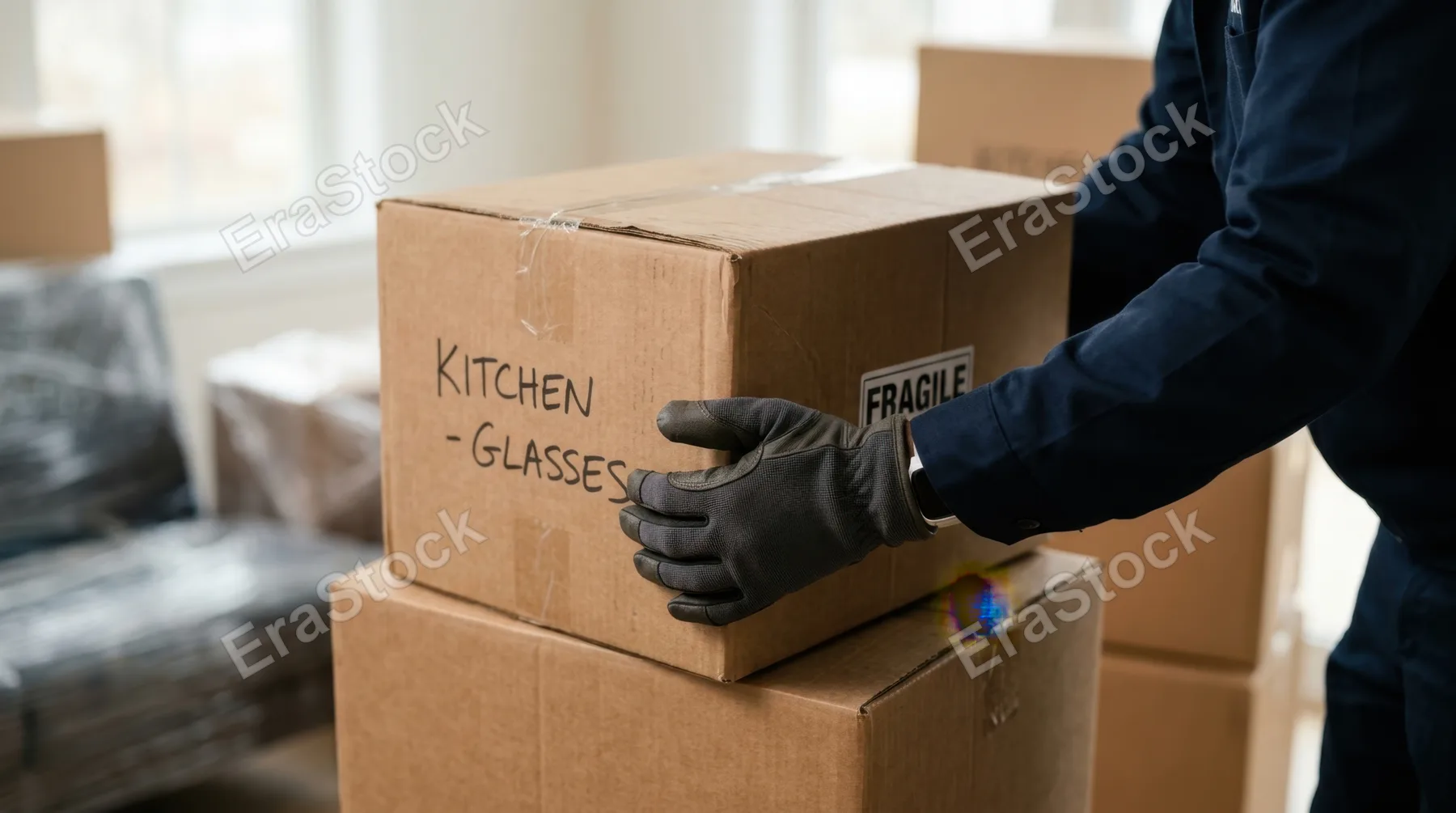 a close-up of the mover's hands adjusting one of the neatly stacked boxes, showcasing his readiness and confidence. the background blurs softly to keep the focus on the