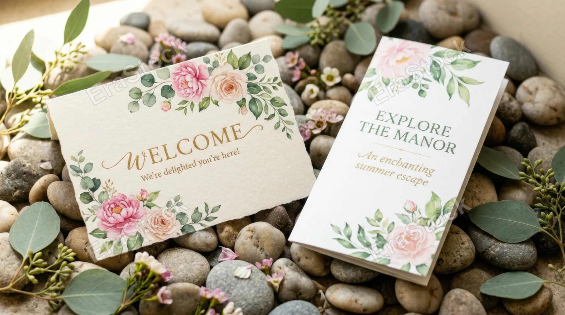 a serene close-up composition featuring a beautifully designed 'welcome' card and an accompanying brochure artfully nestled among smooth, natural pebbles, with eucalyptus