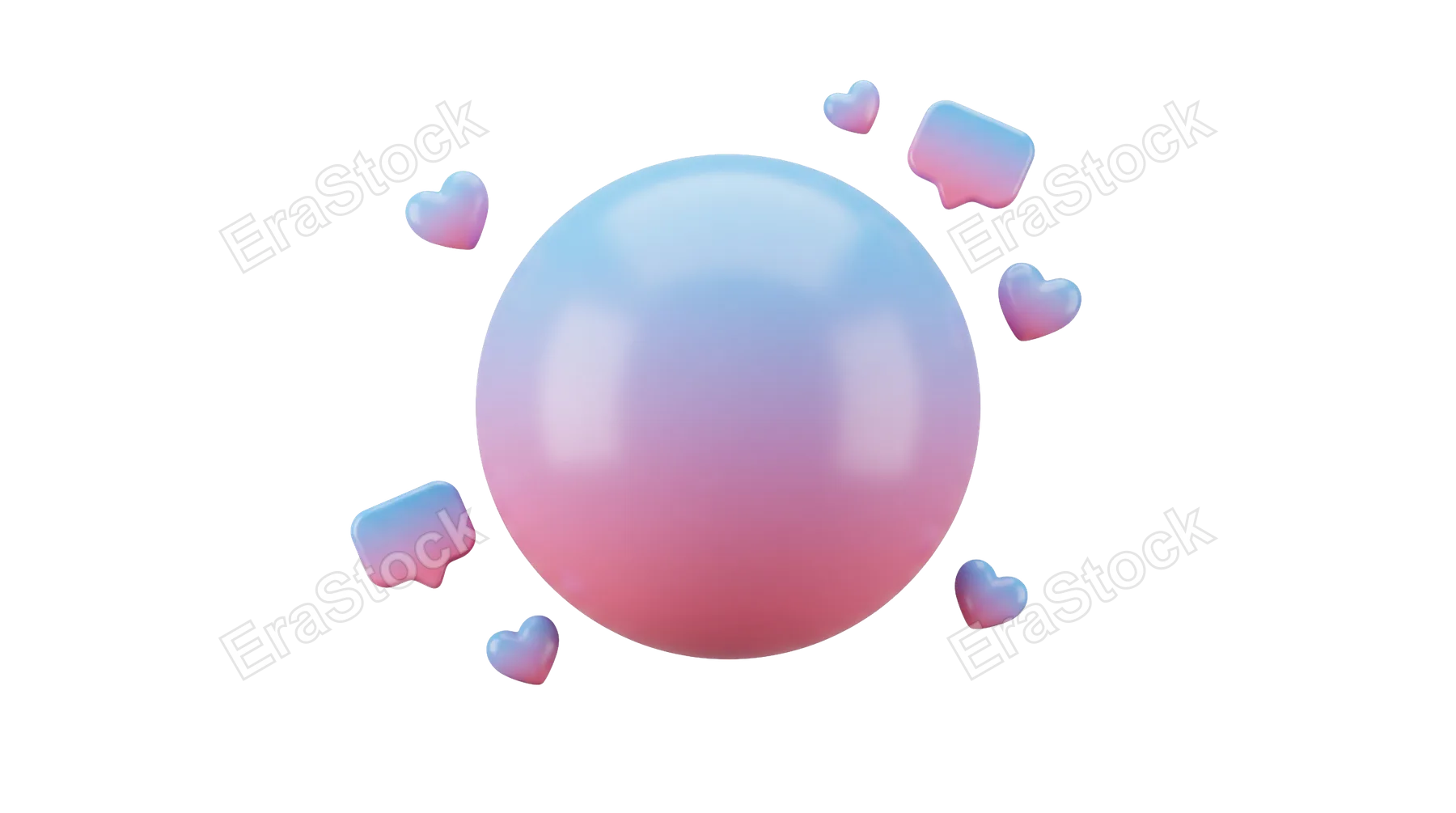 A smooth, iridescent sphere with a soft pink and blue gradient is adorned with small hearts and chat bubbles, suggesting communication and affection
