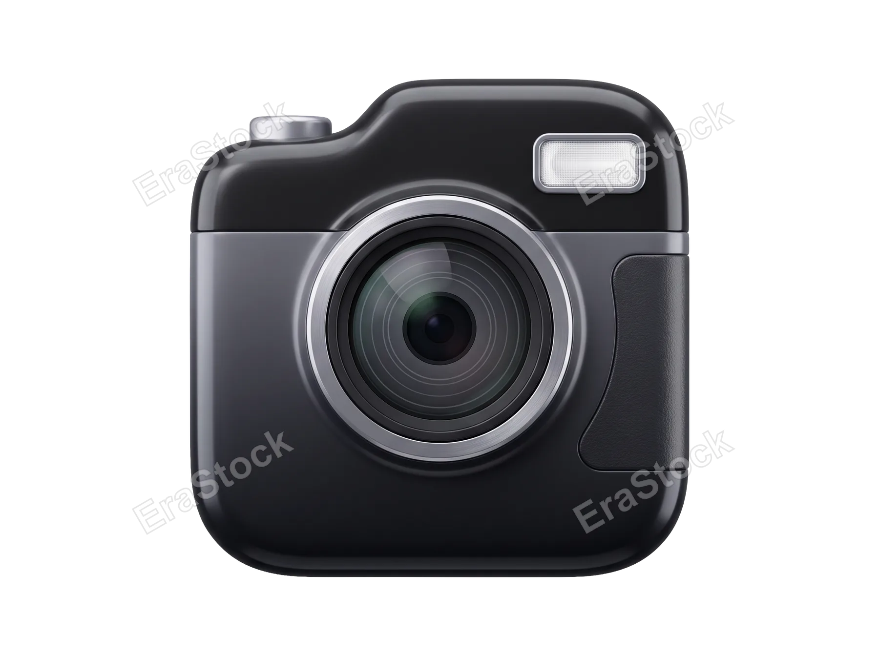 A sleek, black digital camera is presented front-on against a clean white backdrop, showcasing its lens and flash unit