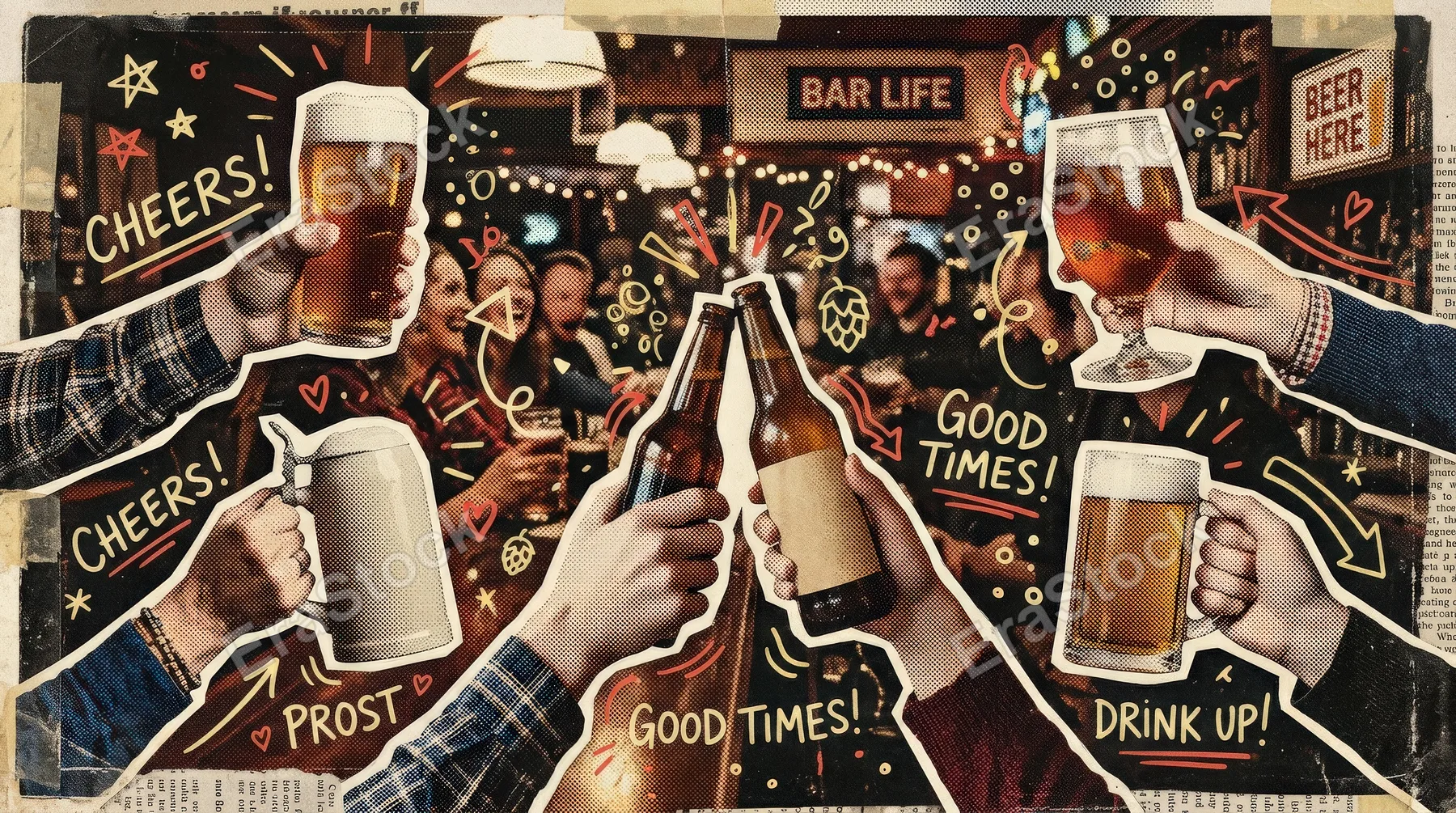 A halftone collage set of hands holding beer glasses, mugs and bottles, vintage dotted texture, celebratory doodles, lively bar atmosphere and retro mixed-media style, ultra-realistic, no logos.