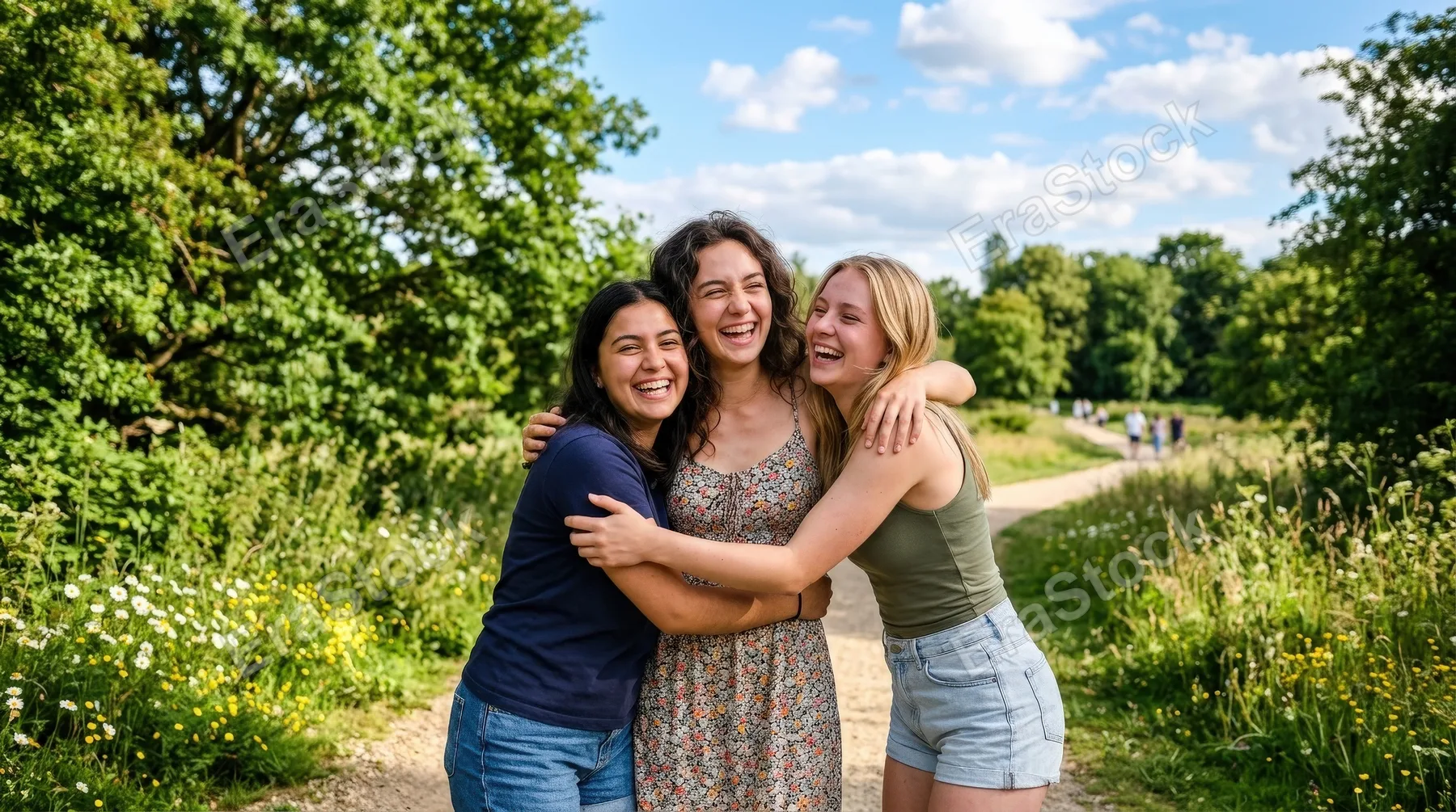 Three friends laughing and embracing outdoors on a sunny day, casual clothing, spontaneous joy, greenery and open sky behind them, vivid summer atmosphere, ultra-realistic, no logos.