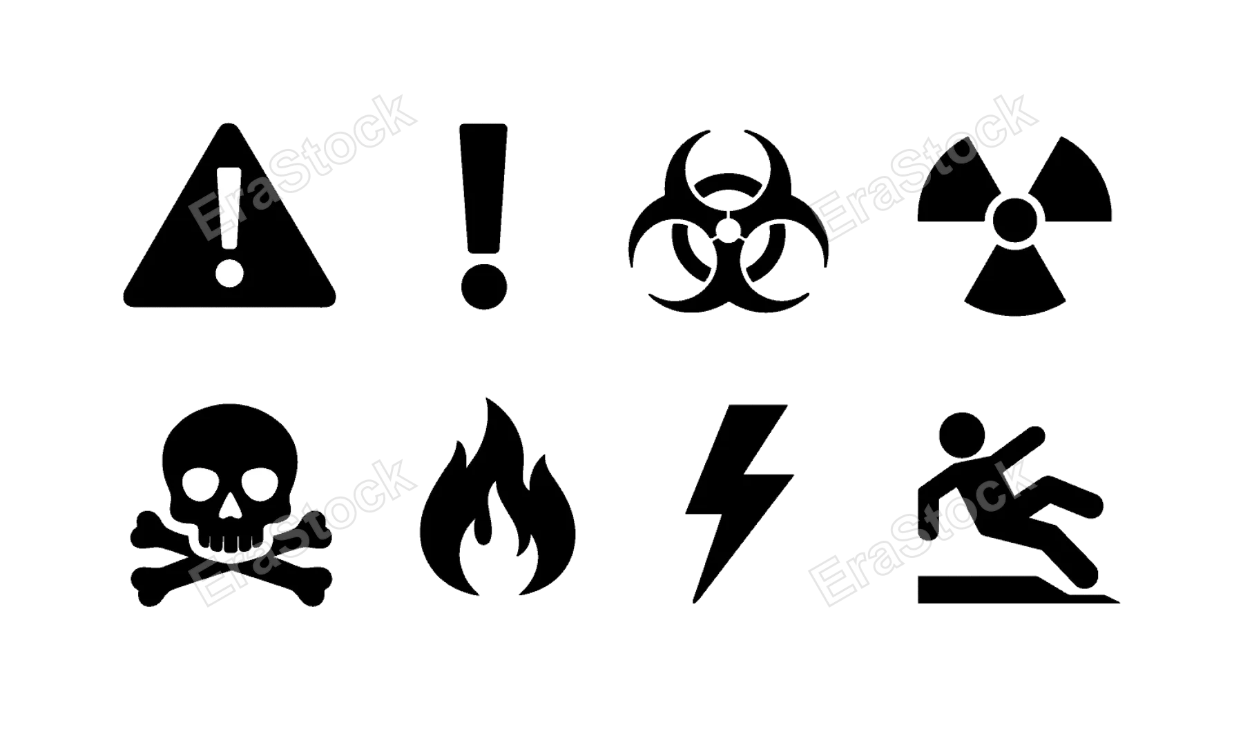 Hazard warnings: warning triangle, exclamation mark, biohazard symbol, radiation sign, toxic skull, flammable flame, electric shock bolt, slippery floor sign.