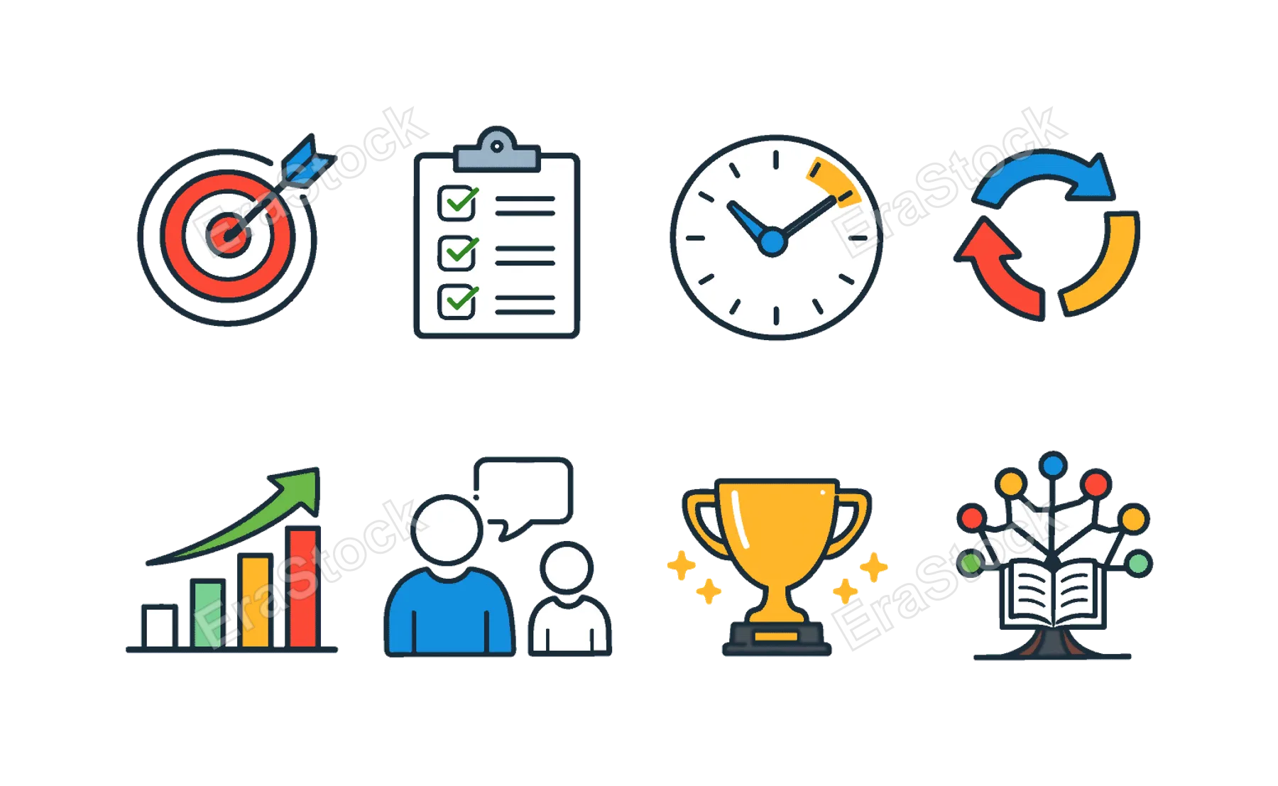 Skill development journey: goal target, checklist tasks, time management clock, practice repetition arrows, growth chart, mentorship guidance, achievement trophy,