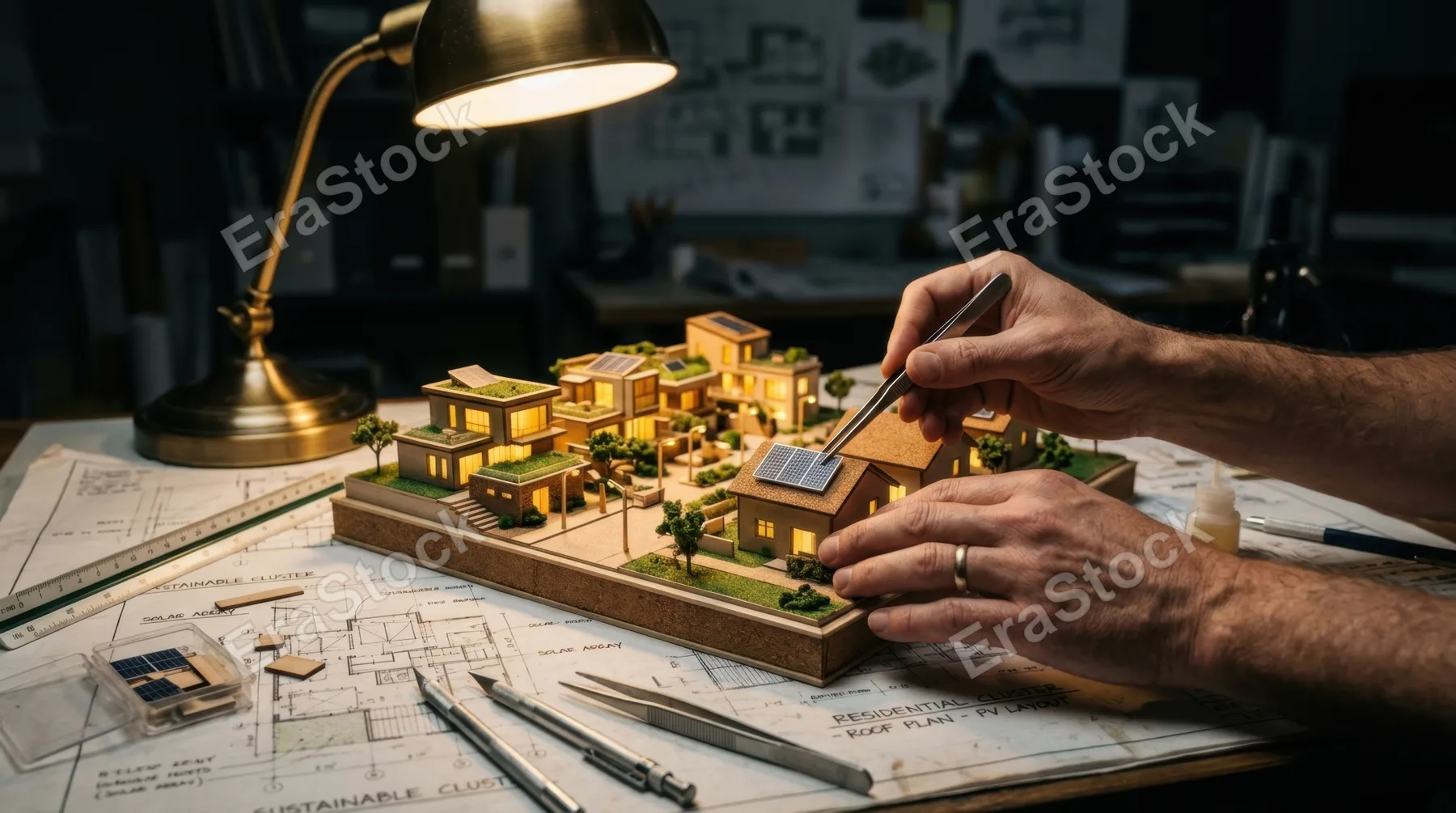A pair of hands carefully assembling a miniature architectural model of a sustainable housing cluster on a blueprint-covered drafting table, tiny solar panels the size of