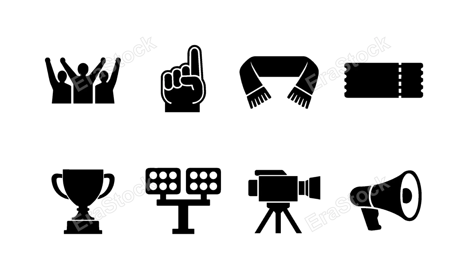 Football fan and event: cheering crowd, foam finger, team scarf, ticket, trophy cup, stadium lights, broadcast camera, megaphone.