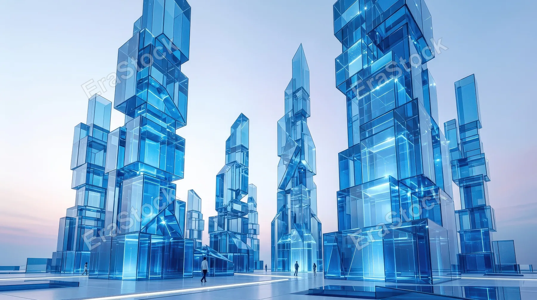 Transparent blue glass geometric blocks rising like futuristic architecture, glossy crystal planes, gradient light and a minimalist innovation-focused atmosphere, ultra-realistic, no logos.