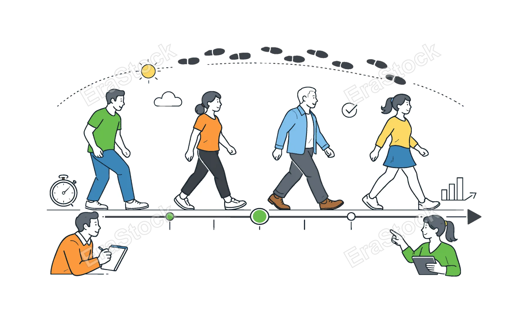 Walking sequence daily activity scene featuring individuals demonstrating stages of walking in a coordinated visual flow within a shared environment, using footsteps and
