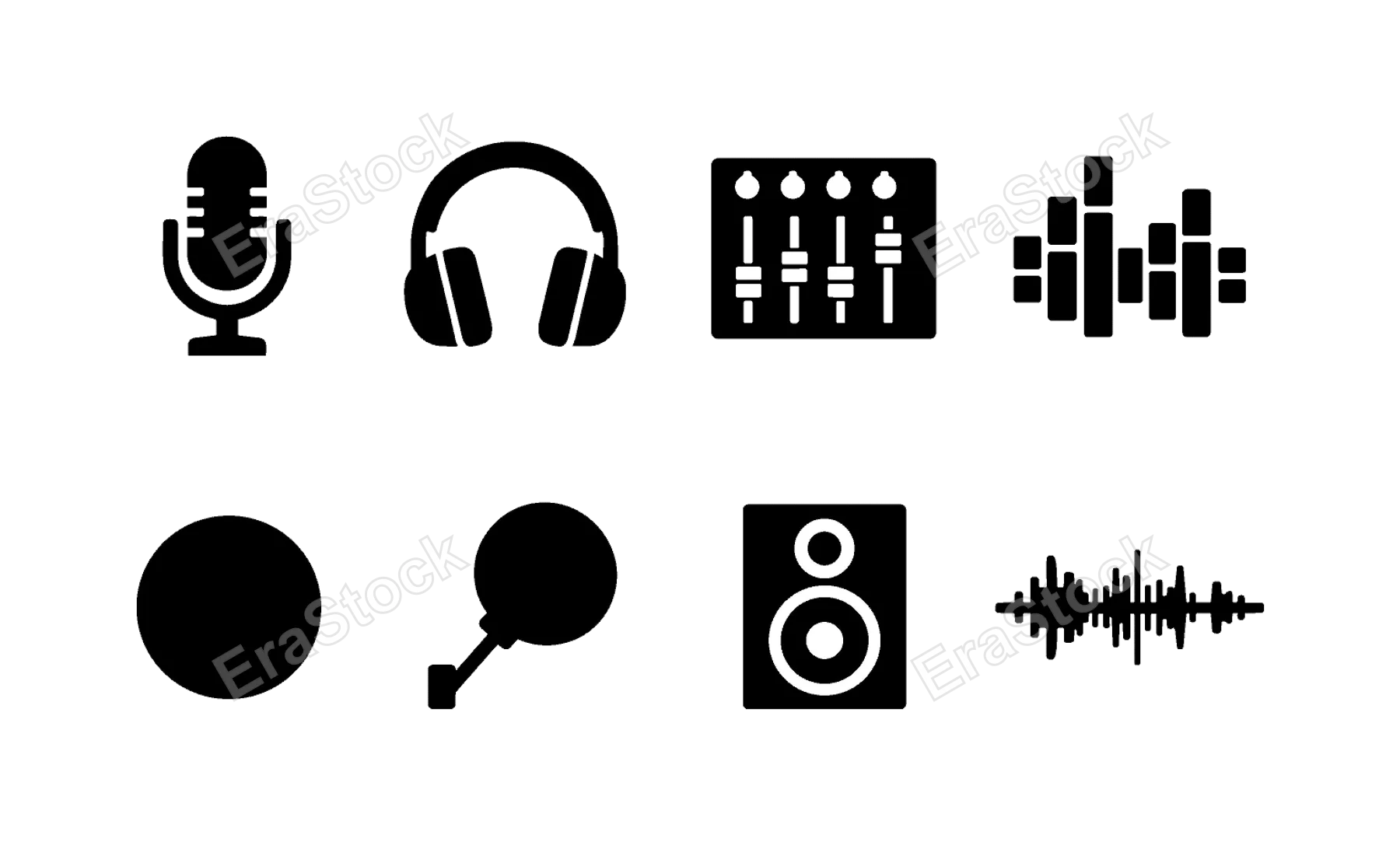 Podcast recording studio: podcast microphone, headphones headset, audio mixer console, sound wave bars, recording button circle, pop filter screen, studio monitor speaker, audio