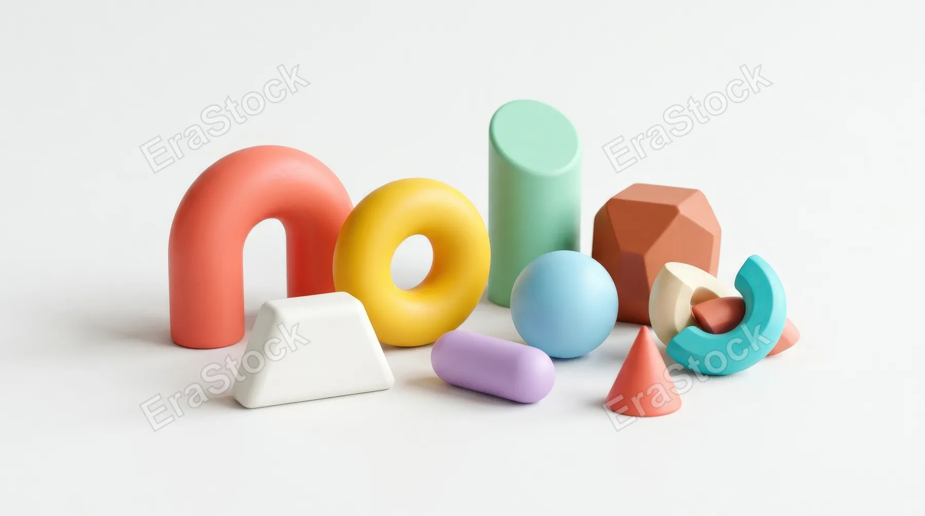 A set of playful abstract geometric shapes isolated in clean space, smooth forms, bright modern styling and upbeat contemporary design mood, ultra-realistic, no logos.