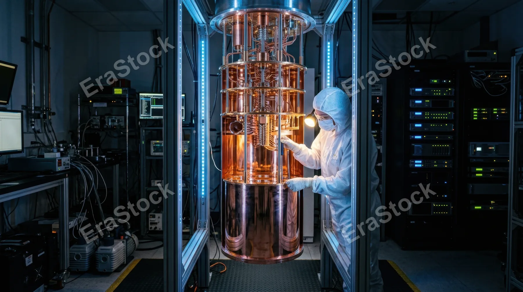 A quantum computing laboratory at 3am, a dilution refrigerator unit hanging open for maintenance revealing its nested copper thermal shields like the layers of a