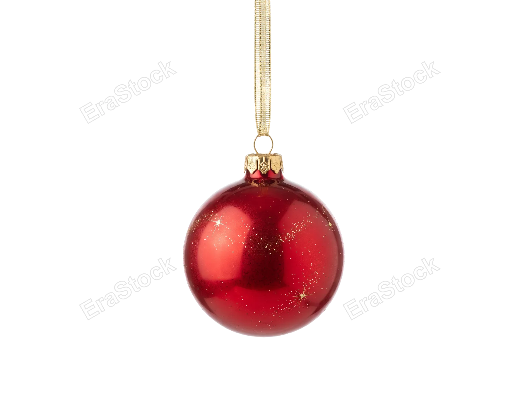 A single, glossy red bauble adorned with sparkling gold star accents, suspended by a festive gold ribbon against a clean white background