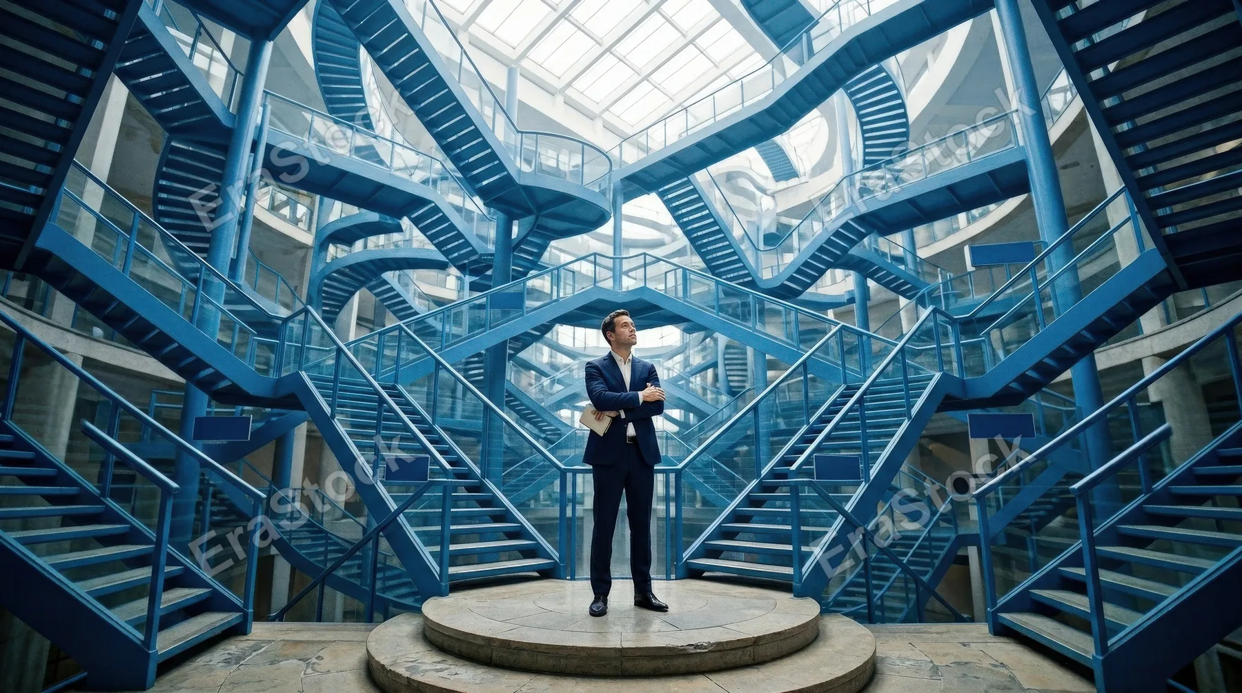 A man at the central junction of an endless network of blue staircases, impossible yet elegant architectural complexity, airy light, mood of decision-making pressure and career possibilities,