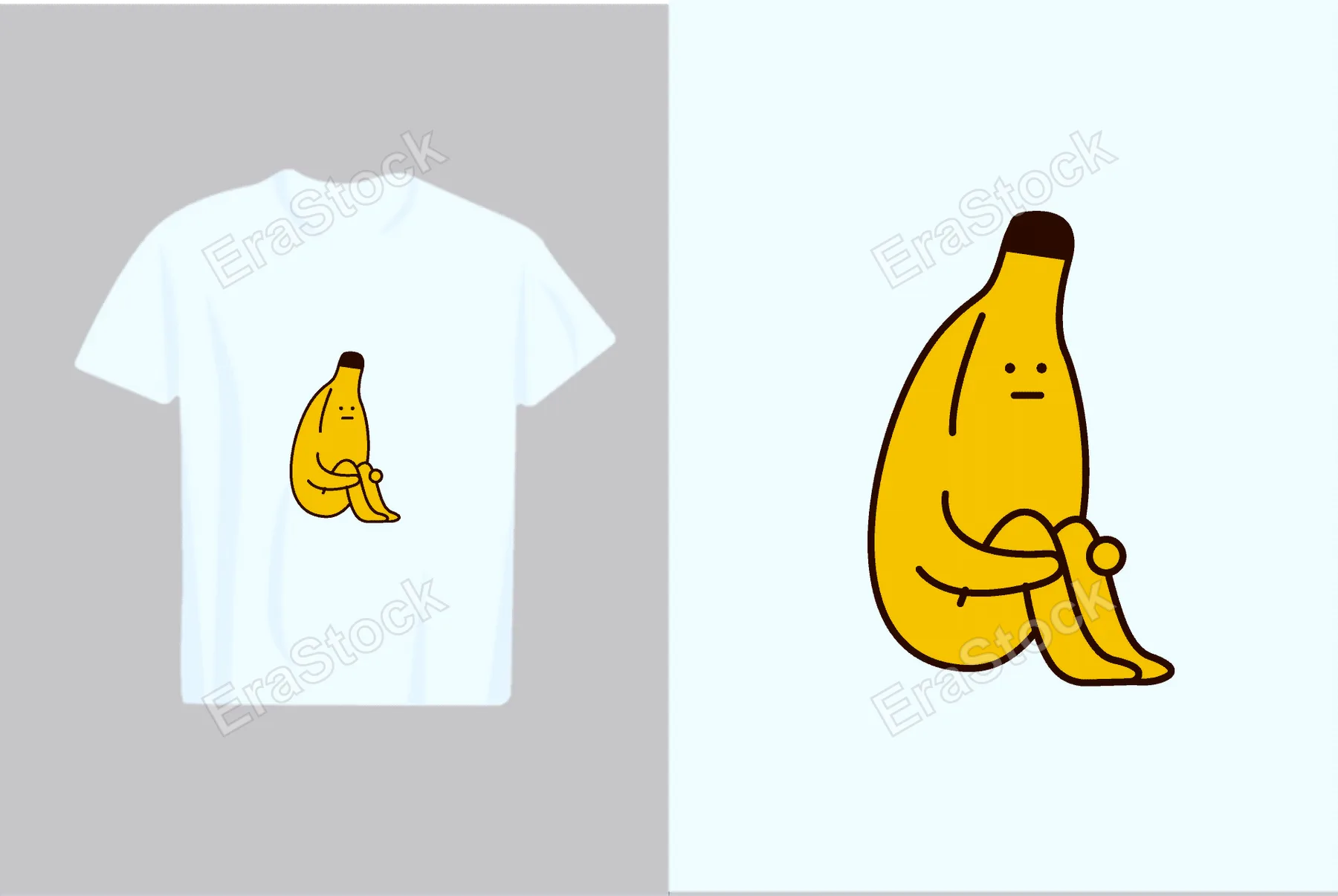 A whimsical illustration of a yellow banana with a sad face, curled up and hugging its knees, presented on a white t-shirt mockup