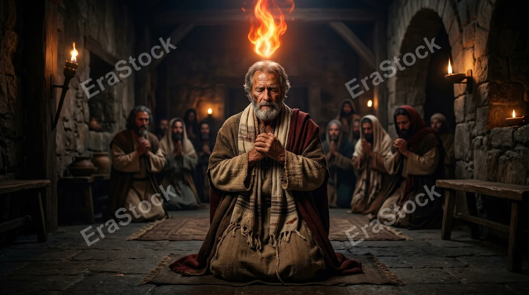 An apostle receiving the Holy Spirit with a fiery tongue above his head, ancient biblical setting, textured robes, prayerful expression and sacred dramatic lighting, ultra-realistic, no logos.