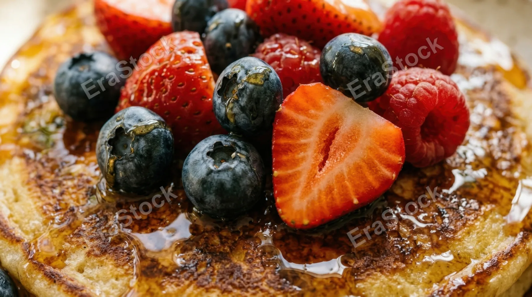 a close-up detail shot of a fluffy pancake, glistening with golden syrup, and topped with an exquisite assortment of strawberries, blueberries, and raspberries,
