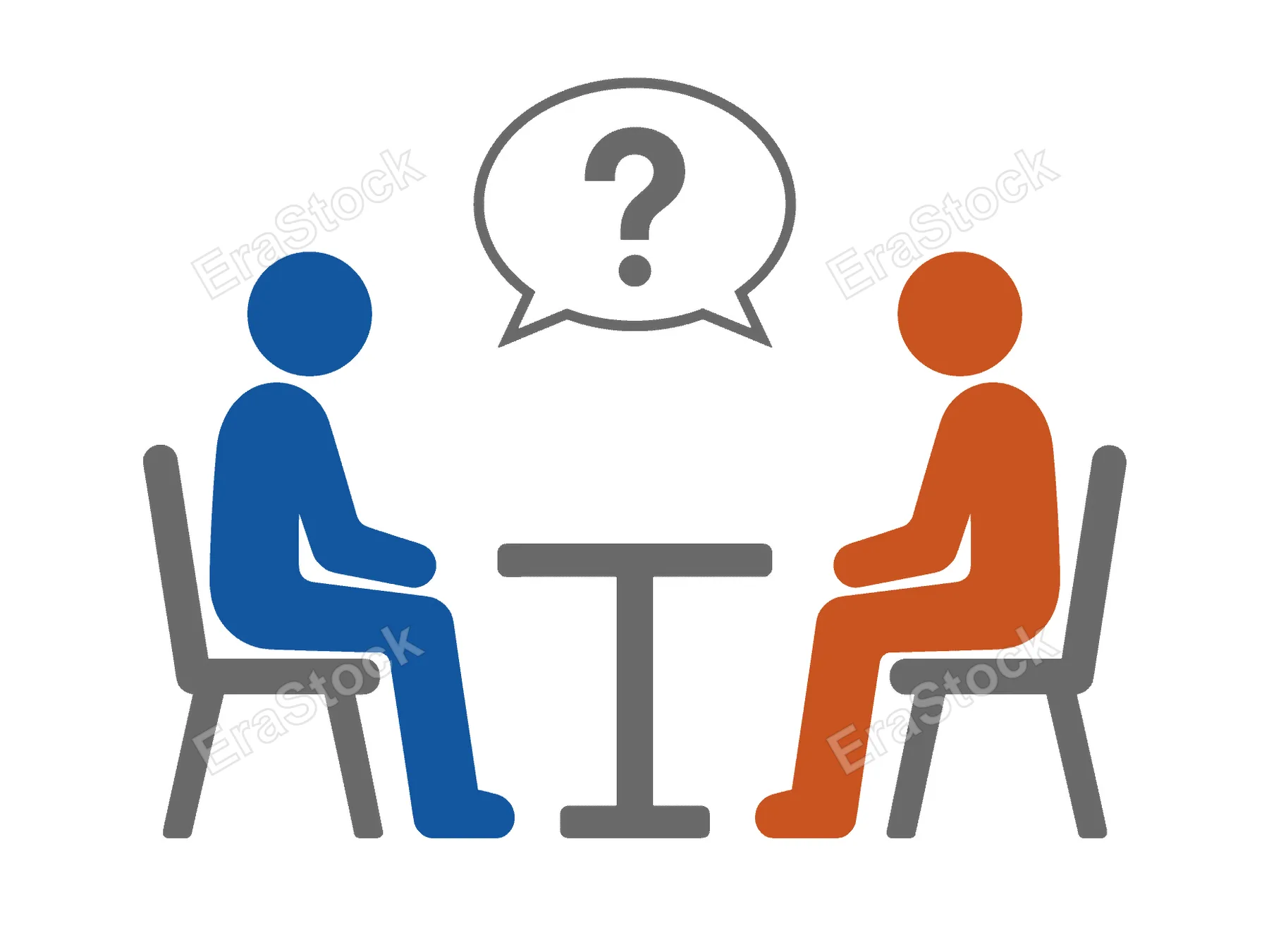 A simple graphic illustration depicting two individuals in a conversation, symbolized by a question mark, suggesting uncertainty or inquiry