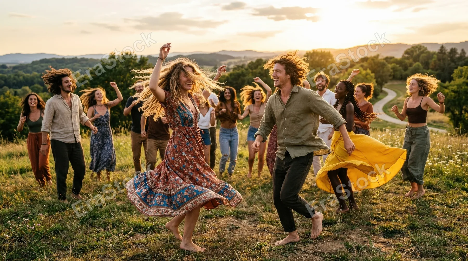 People dancing outdoors in open air, free movement, wind through hair and clothing, natural light and spontaneous energy, carefree vibrant atmosphere, ultra-realistic, no logos.