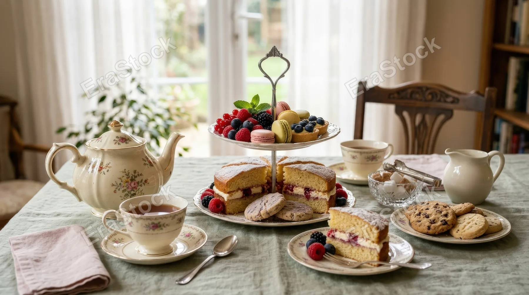 A tea and dessert setting with teapot, cups, cakes, cookies, and berries on a soft linen table, elegant pastel palette and calm afternoon comfort, ultra-realistic, no logos.
