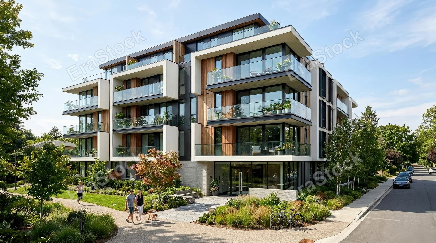 A modern residential building exterior with crisp architectural lines, glass balconies, landscaped surroundings, bright natural daylight, ultra-realistic, no logos.