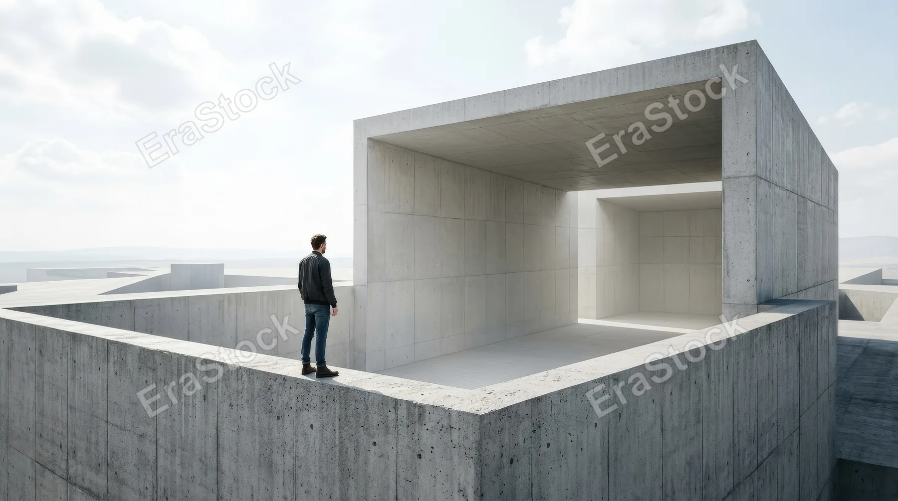 A man standing at the edge of a giant open box, expansive empty interior, clean geometric form, symbol of thinking outside the box and stepping into new ideas, bright conceptual atmosphere,
