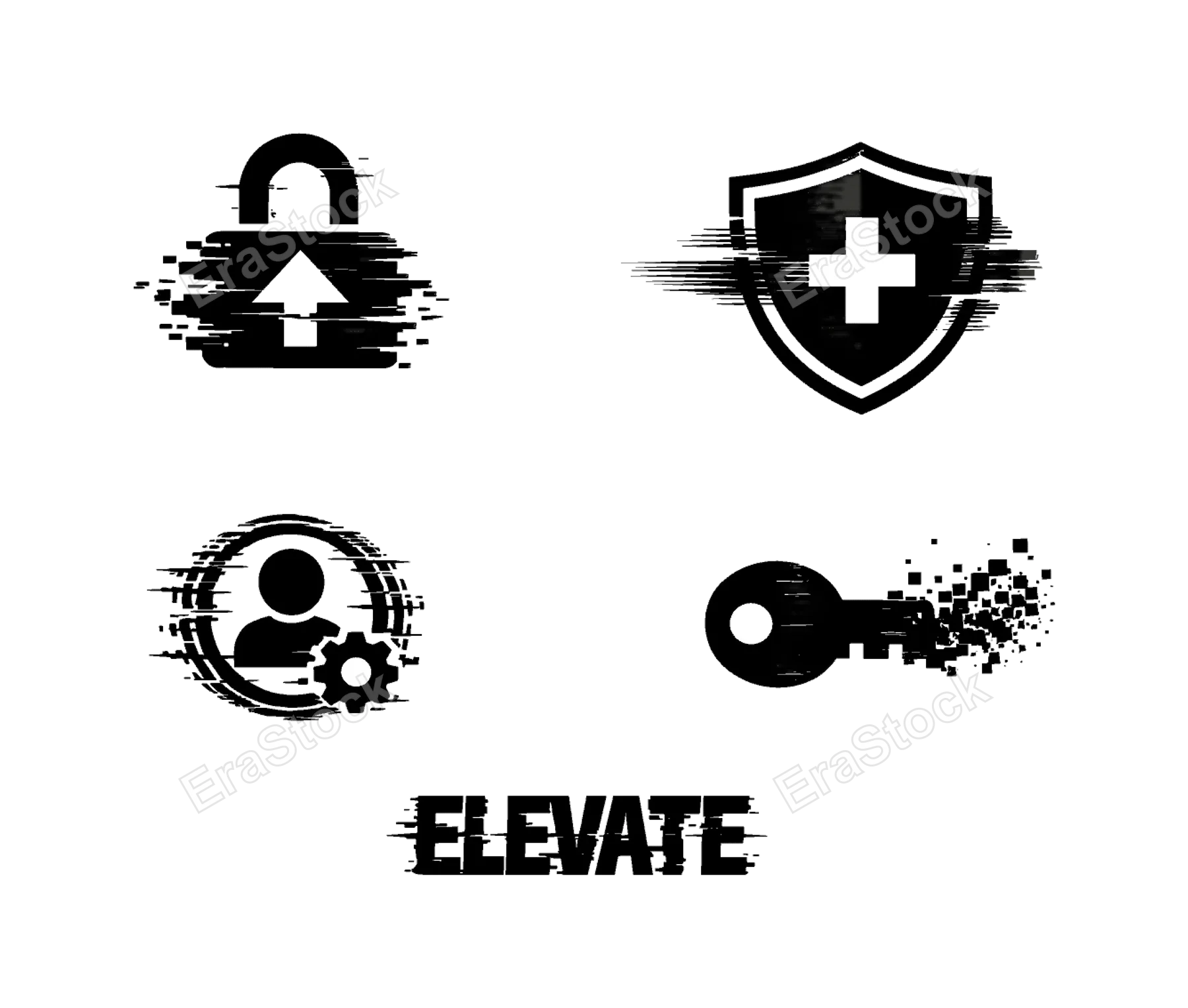 Digital permission escalation and privilege control theme, a set of 4 glitch-distorted monochrome objects placed on a perfectly clean white background, each object