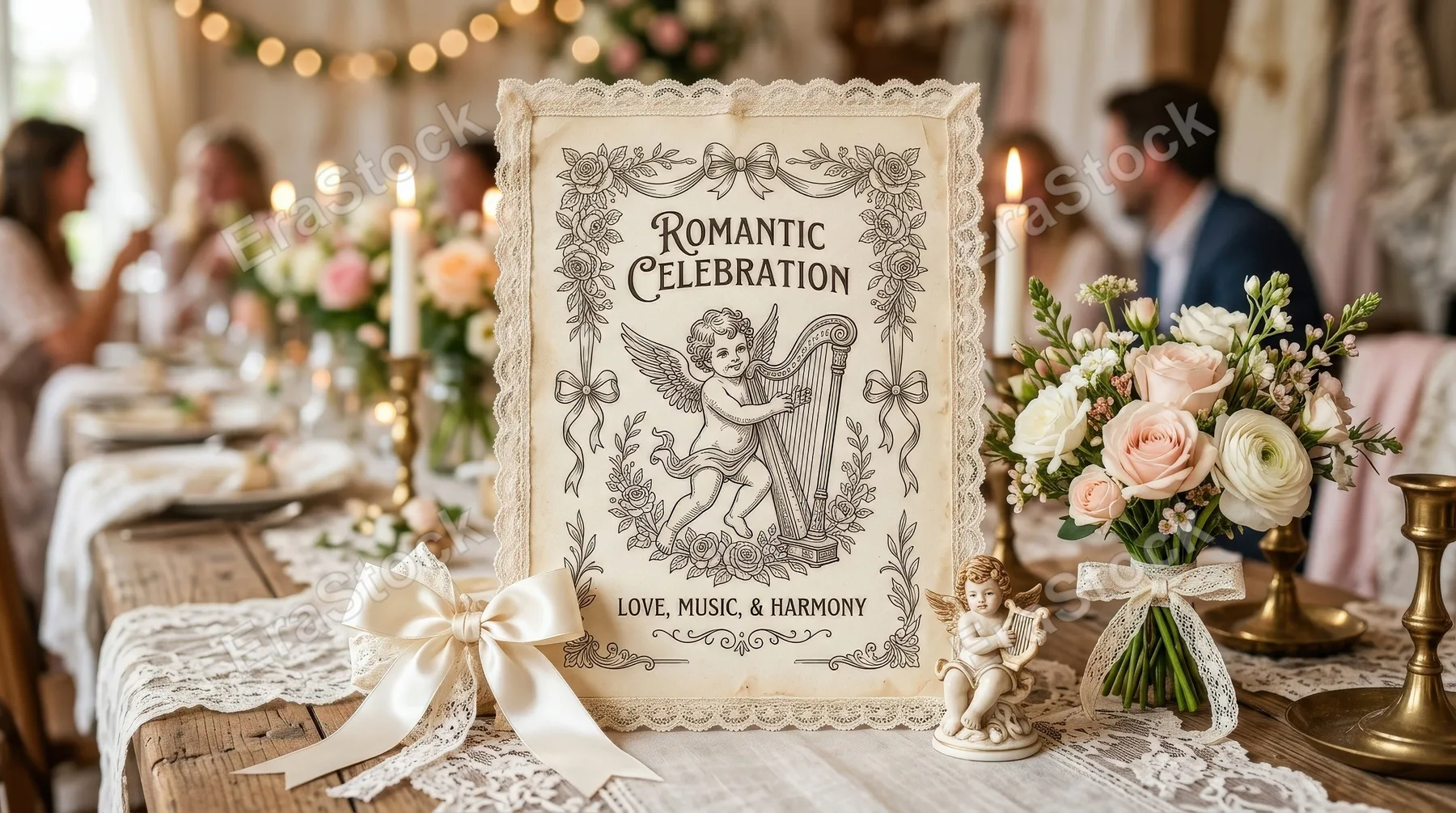 Cute decorative elements with bows, ribbons, lace, harp-playing cupid, and flowers, vintage line art and a soft romantic celebration atmosphere, ultra-realistic, no logos.