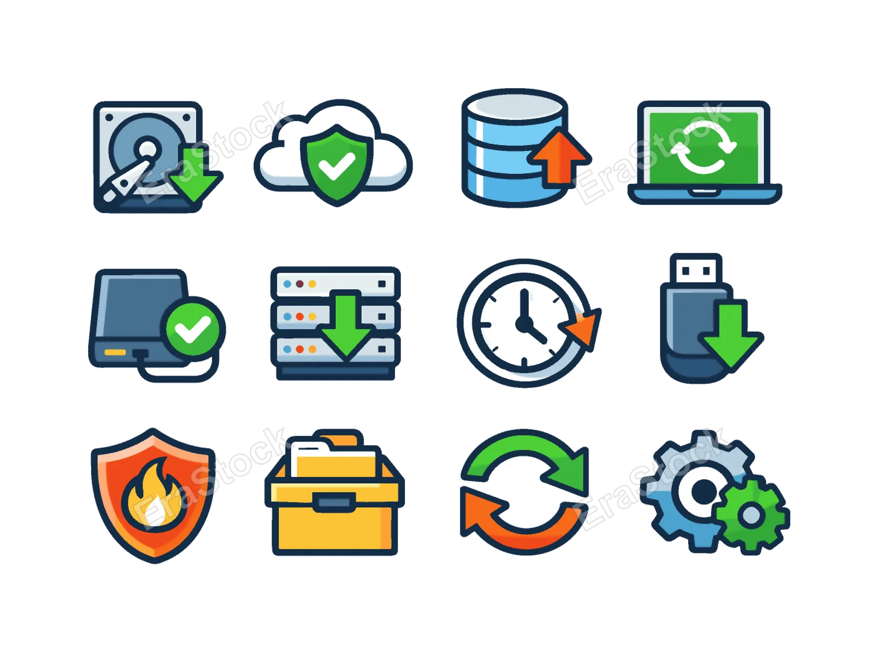 Data backup and recovery: hard drive backup, cloud backup shield, database restore arrow, laptop recovery screen, external backup disk, server rack backup, file restore clock arrow