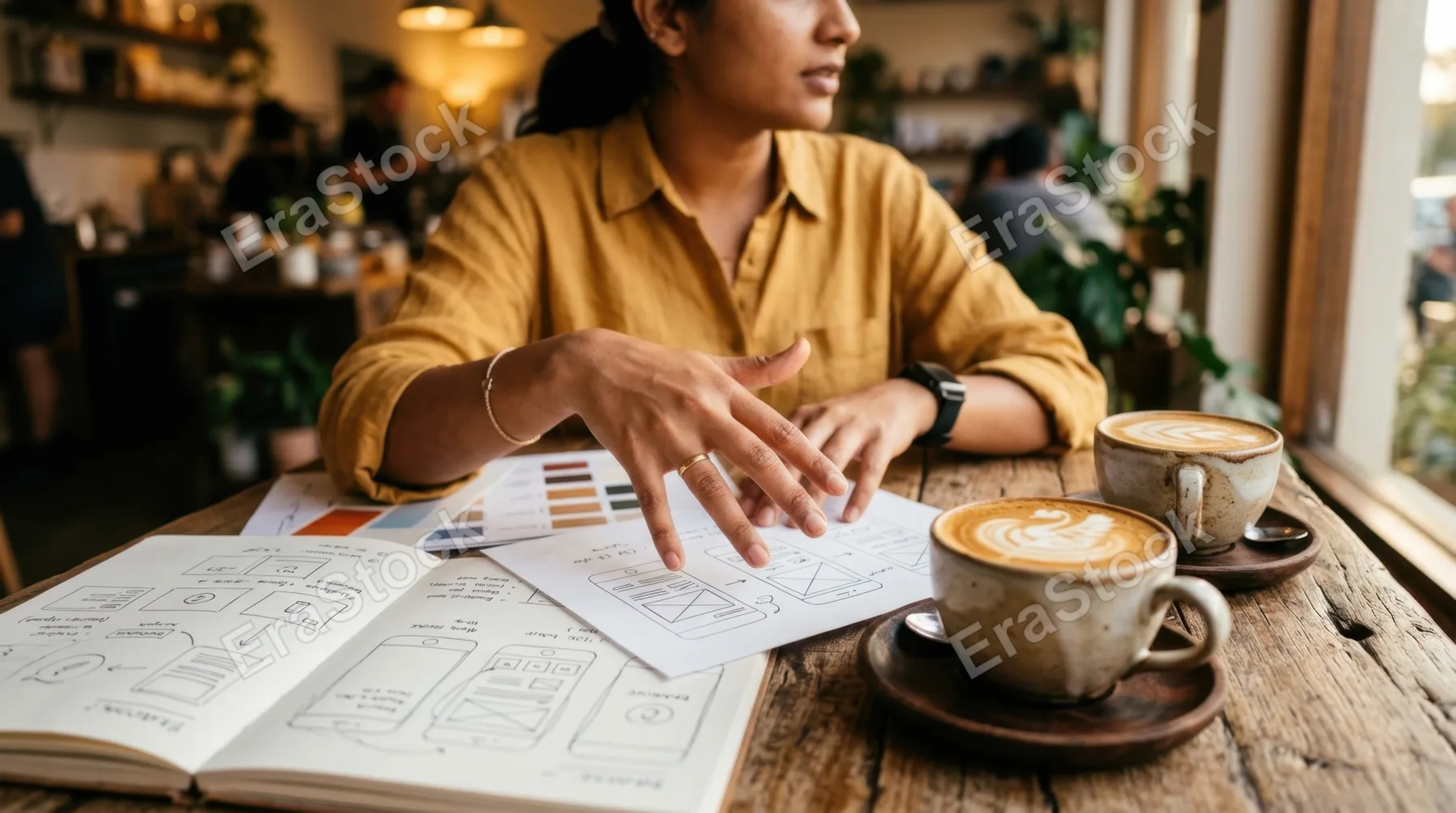 focusing intimately on the 28-year-old indian female designers hands as she gestures toward her design mockups on the small wooden table, two beautifully crafted