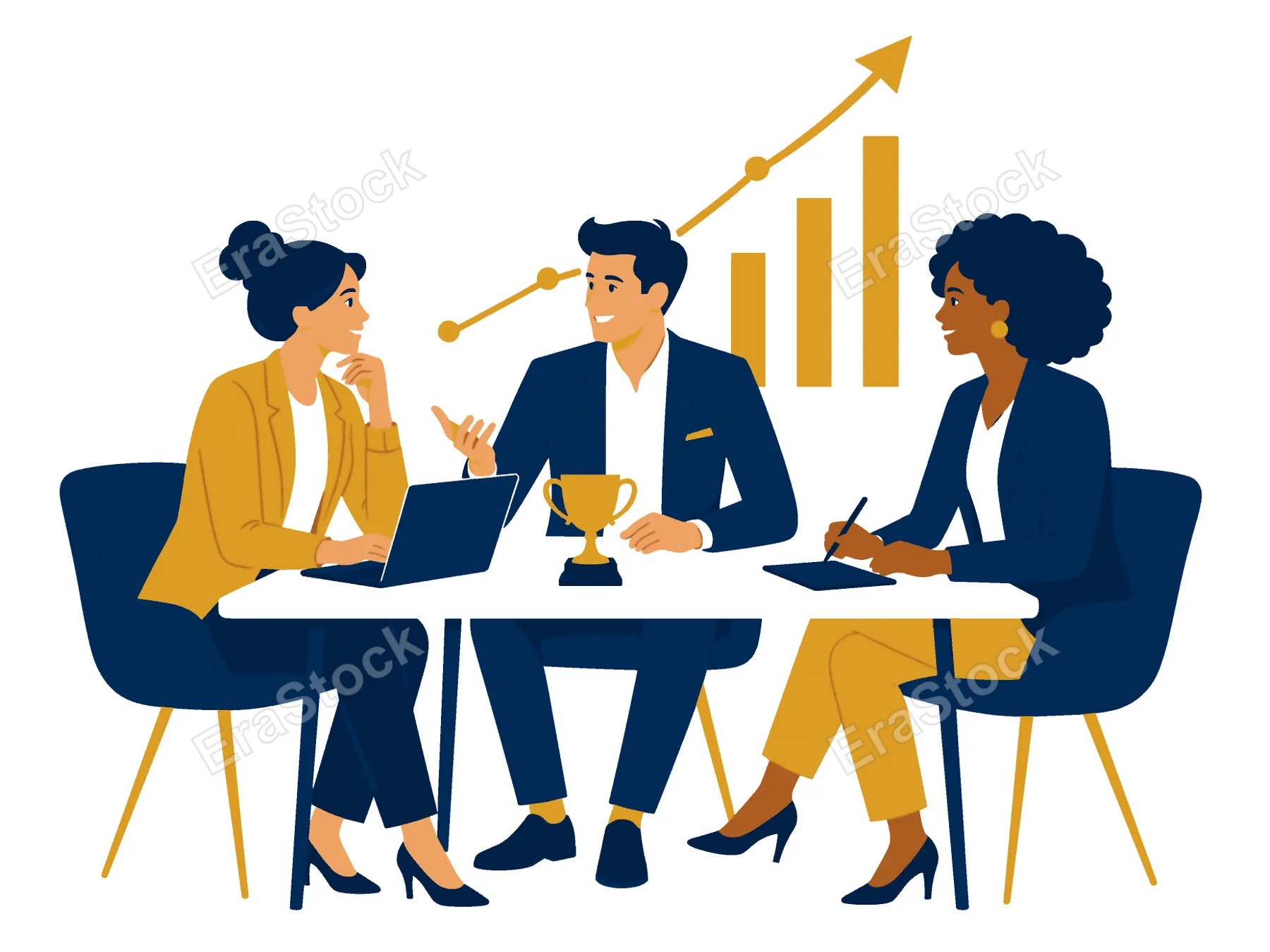 A diverse group of professionals collaborates around a table, discussing progress with a trophy and upward trending graph symbolizing achievement
