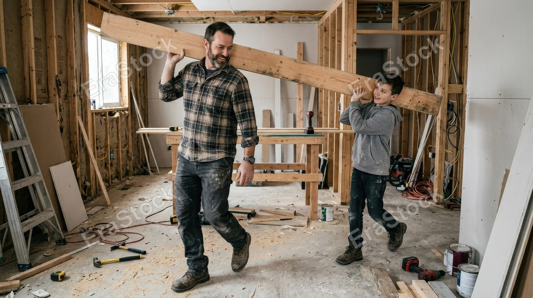 A father and son carrying a wooden plank during home renovation, unfinished interior details, practical motion, warm family cooperation mood, ultra-realistic, no logos.
