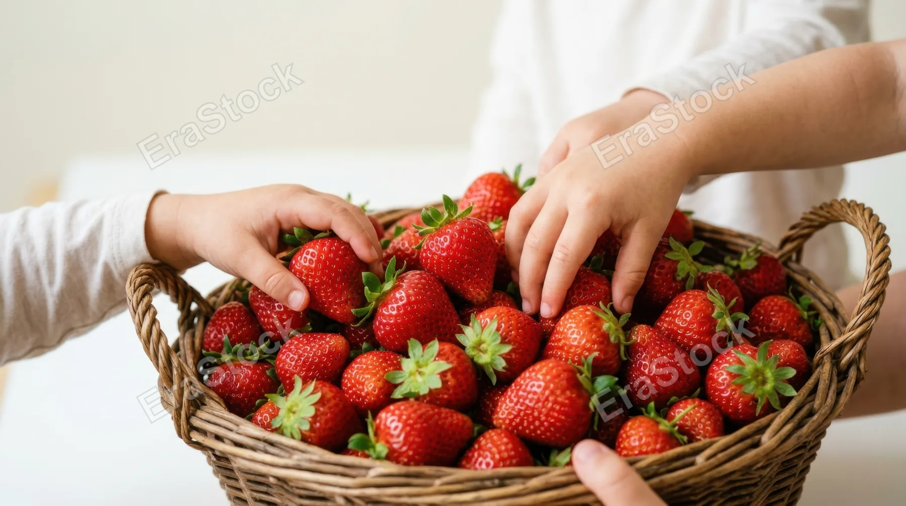 bold composition featuring a close-up of a basket overflowing with vibrant strawberries, hands of children playfully reaching in. the clean, minimal background