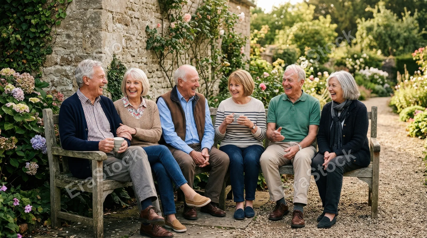 Happy retired women and men sitting together on a bench in front of a wall, relaxed posture, casual clothing, soft afternoon light, warm companionship atmosphere, ultra-realistic, no logos.